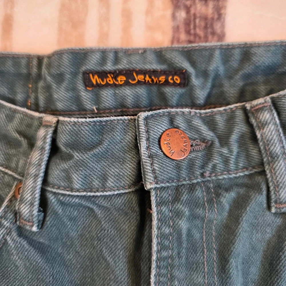Nudie Jeans Co Teal Blue Green Straight Leg Organic Cotton Jeans W27 L32 Sample